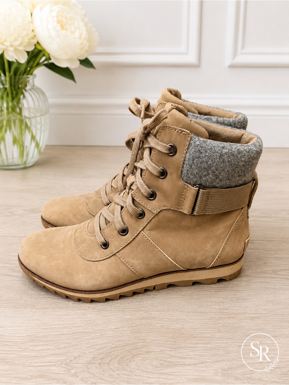 Sorel Harlow Conquest Waterproof Wedge Ankle Boots Sandy Tan Gray Sz 9 NWOB - Picture 3 of 9